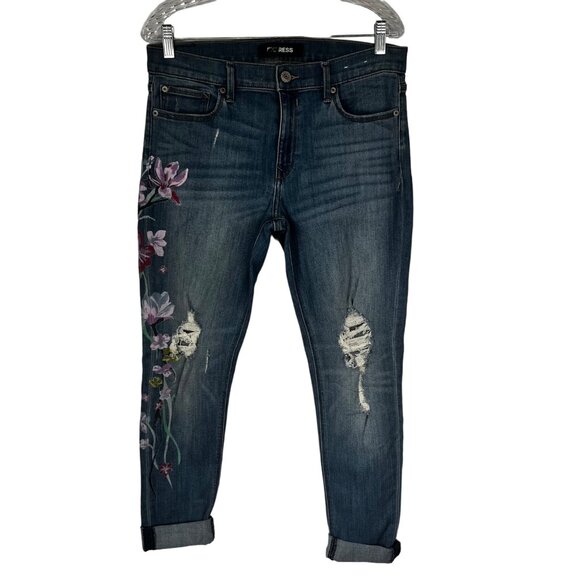 Express Womens Distressed Mid Rise Jeans Stamped Floral Size 10 R - Picture 1 of 11